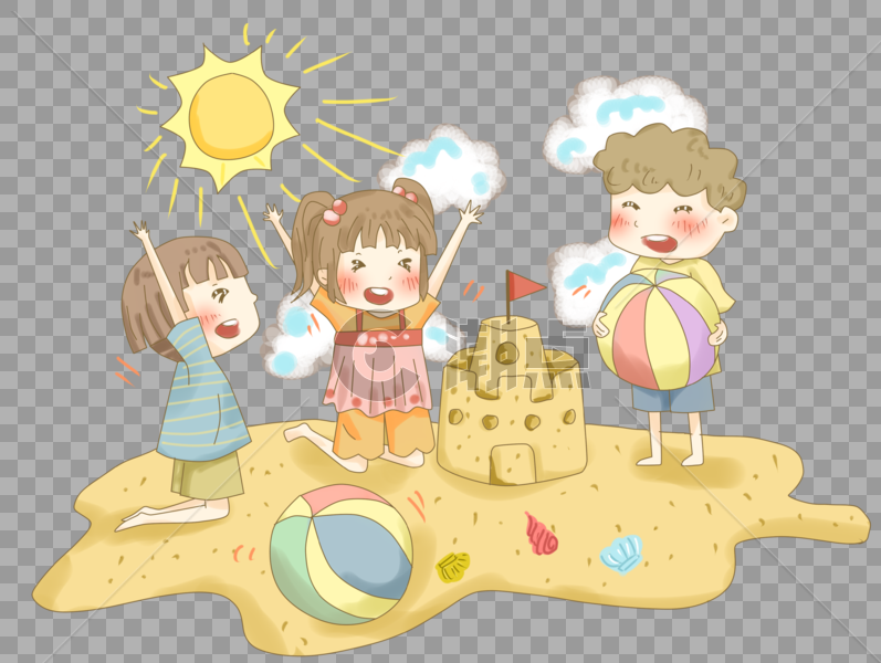 夏天沙滩玩耍晒太阳插画PNG图片素材免费下载
