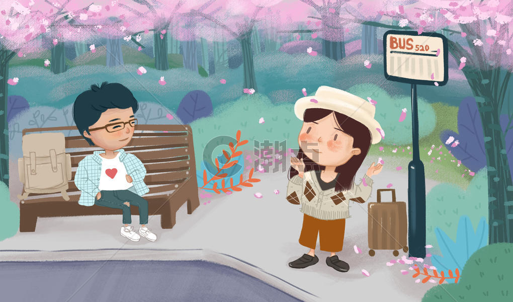旅游季车站粉色浪漫男孩女孩插画图片素材免费下载