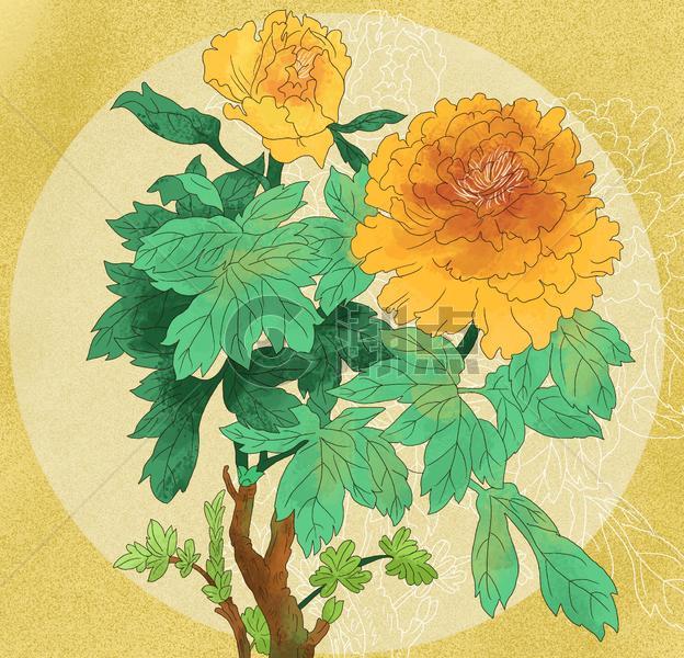 中国风国潮工笔黄丹花花卉图片素材免费下载