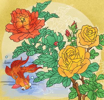 中国风国潮工笔金鱼美丽花卉图片素材免费下载