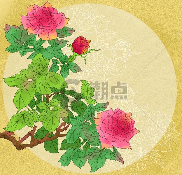 中国风工笔国潮玫瑰花花卉图片素材免费下载