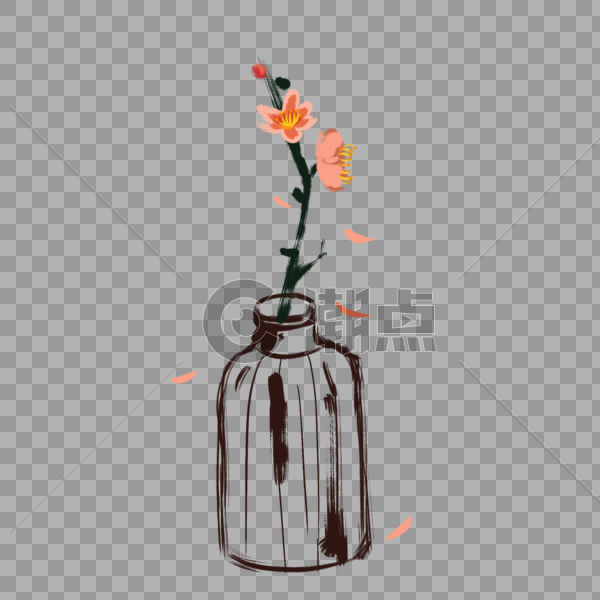 手绘水墨传统风格的花瓶梅花枝图片素材免费下载
