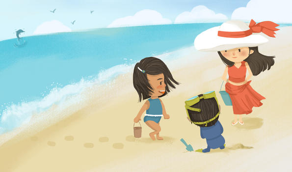 妈妈带小孩海边旅游插画图片素材免费下载