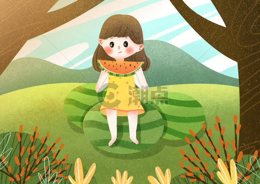 夏天节气女孩吃西瓜图片素材免费下载