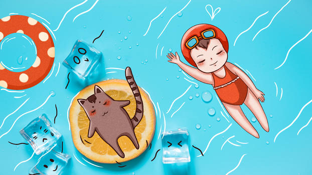 夏日小女孩游泳创意插画图片素材免费下载
