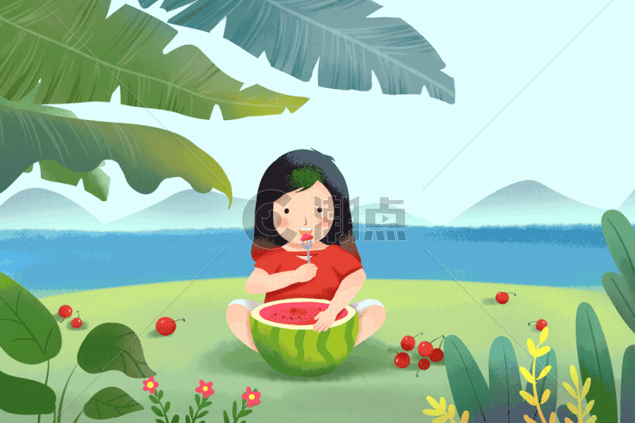 立夏吃西瓜的女孩GIF图片素材免费下载