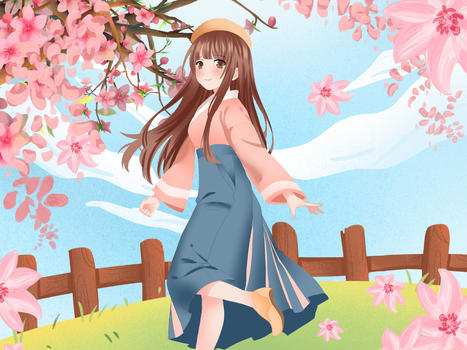 小清新风格看樱花的少女图片素材免费下载