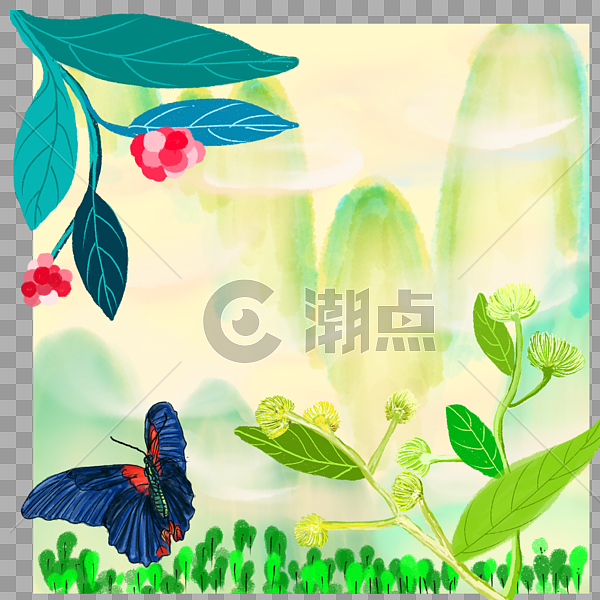 中国风水彩水墨彩蝶戏花边框图片素材免费下载