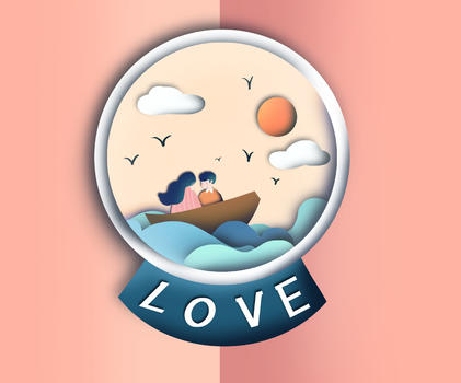 情侣乘船水晶球520剪纸插画海报图片素材免费下载