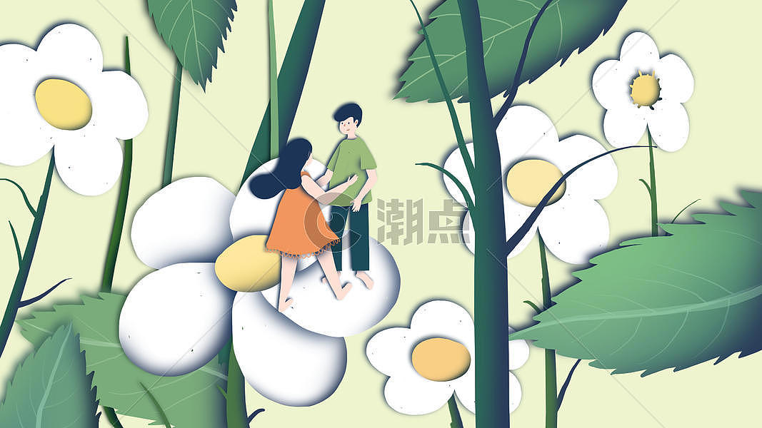 绿色小清新情侣春天剪纸插画图片素材免费下载