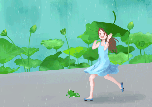 雨中拿着荷叶奔跑的女孩GIF图片素材免费下载