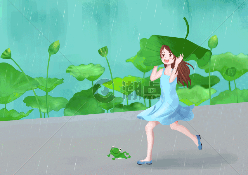 雨中拿着荷叶奔跑的女孩GIF图片素材免费下载