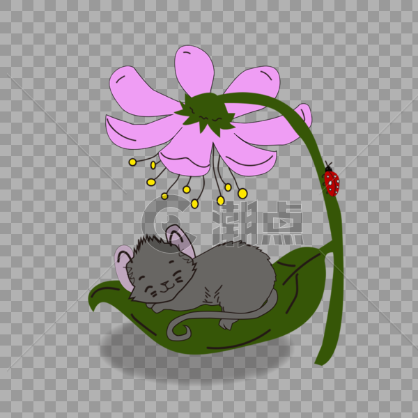 卡通手绘小老鼠睡在花叶片上图片素材免费下载