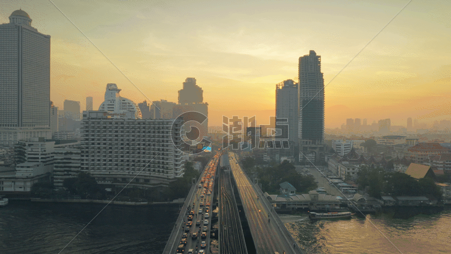 日出的泰国曼谷湄公河南城市中心建筑GIF图片素材免费下载
