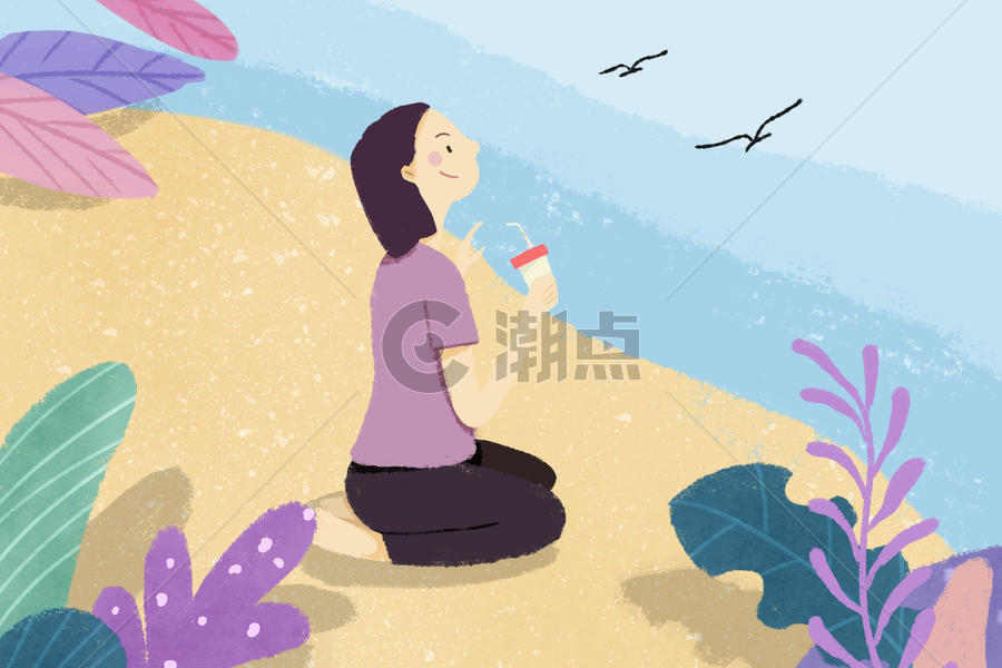 夏天女孩子在沙滩上喝奶茶看海鸥图片素材免费下载