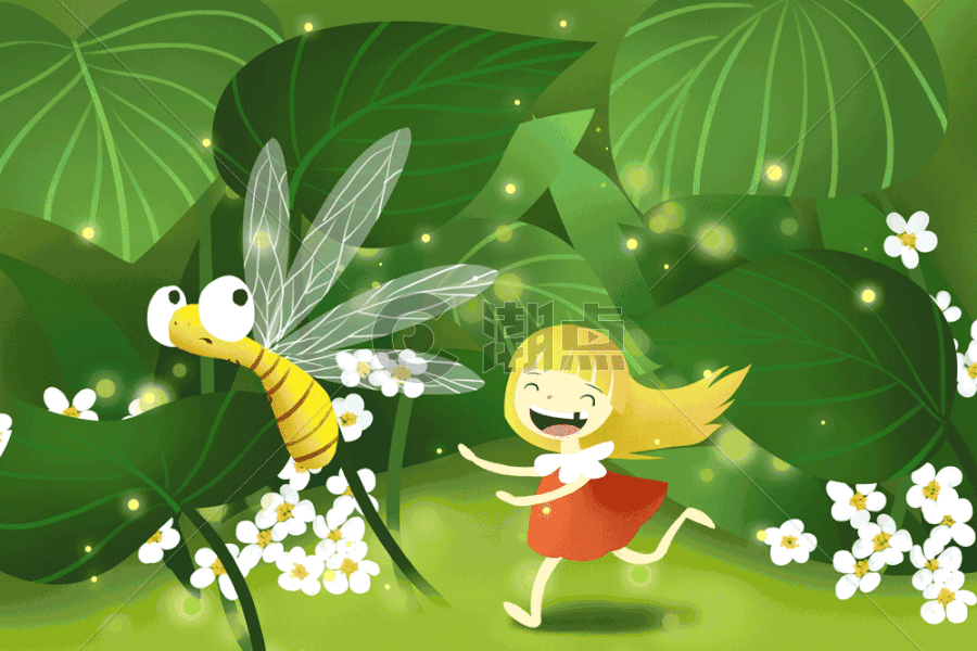 追逐蜻蜓的小女孩GIF图片素材免费下载