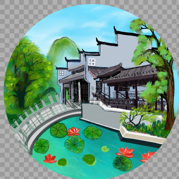 中国风水墨水彩夏日院子荷塘图片素材免费下载