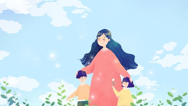 小清新母亲孩子站在原野母亲节卡通插画图片素材免费下载