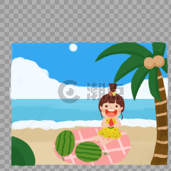 夏天在海边吃西瓜的小女孩图片素材免费下载