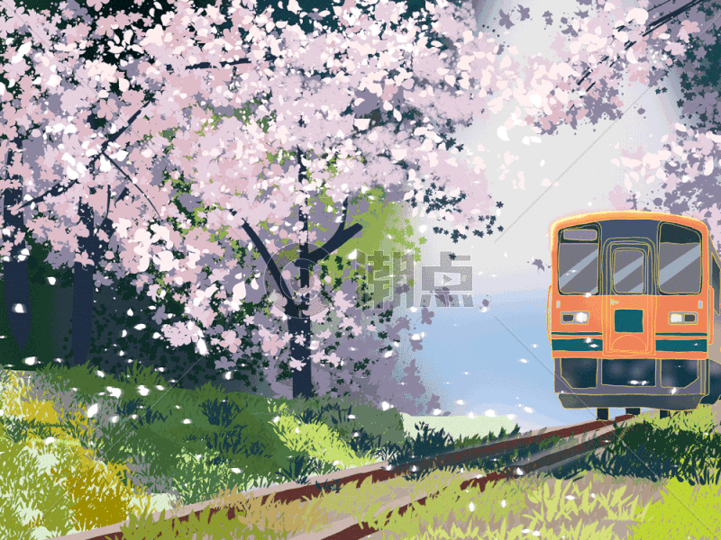 小清新风格插画樱花节樱花电车GIF图片素材免费下载
