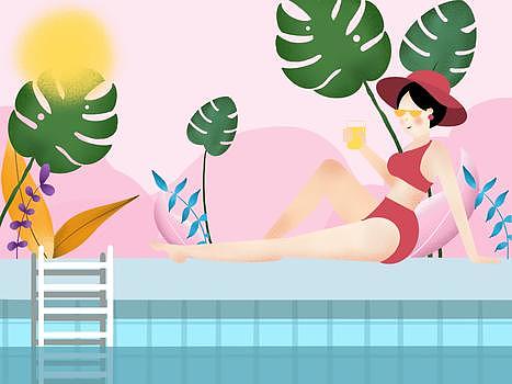 夏天泳池边女人插画图片素材免费下载