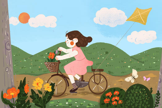 春游女孩骑车放风筝图片素材免费下载