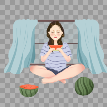 夏日在窗边吃西瓜的女孩图片素材免费下载