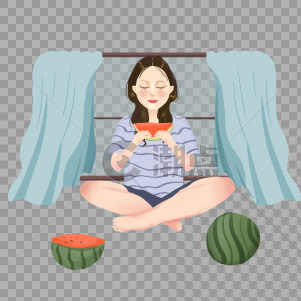 夏日在窗边吃西瓜的女孩图片素材免费下载