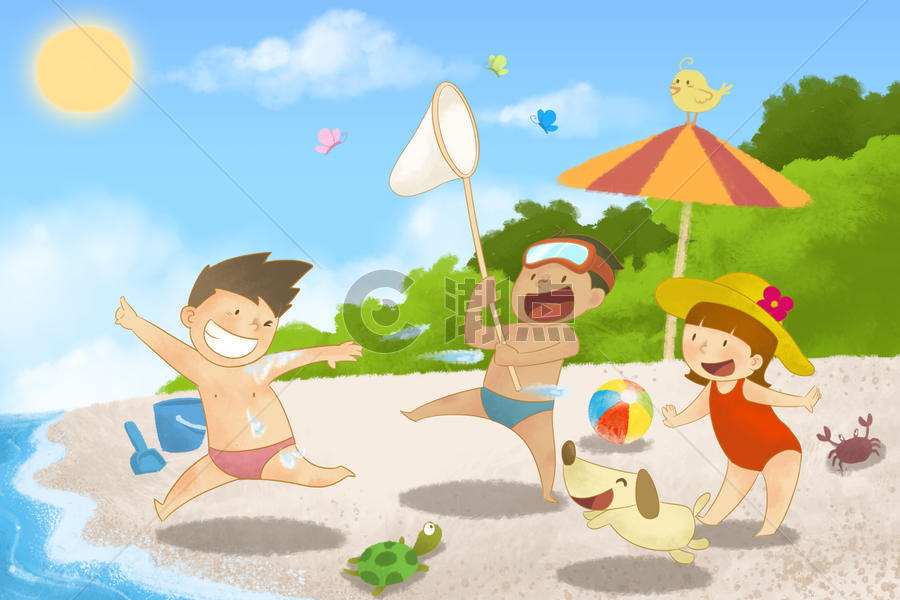 海边沙滩嬉戏的儿童插画图片素材免费下载