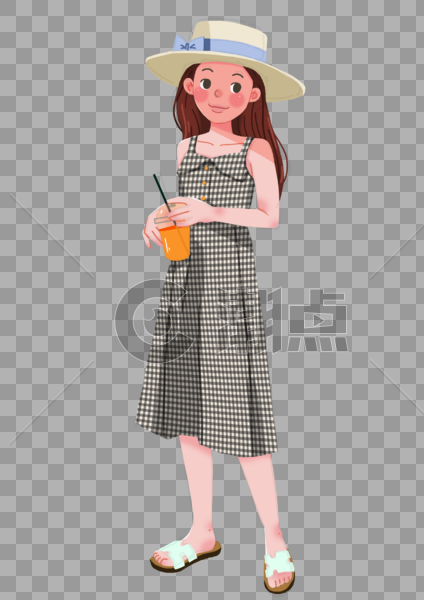 夏季遮阳帽格子裙喝果汁的女生图片素材免费下载