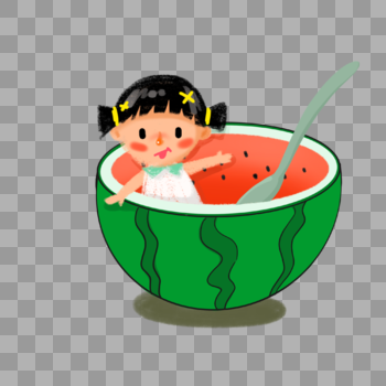 坐在大西瓜里吃西瓜的小女孩图片素材免费下载