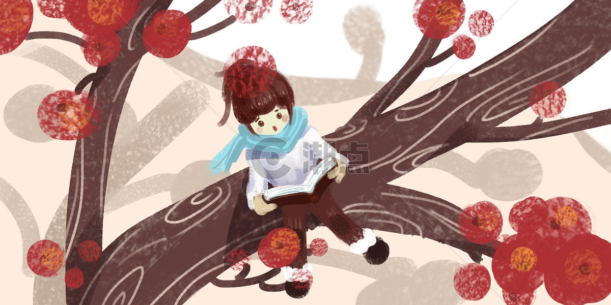 女孩海棠树上看书图片素材免费下载