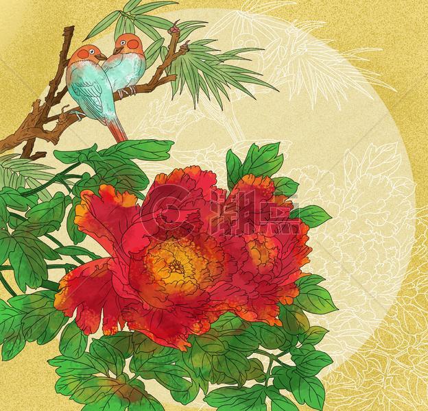 中国风古风工笔花卉花鸟红色大牡丹花图片素材免费下载