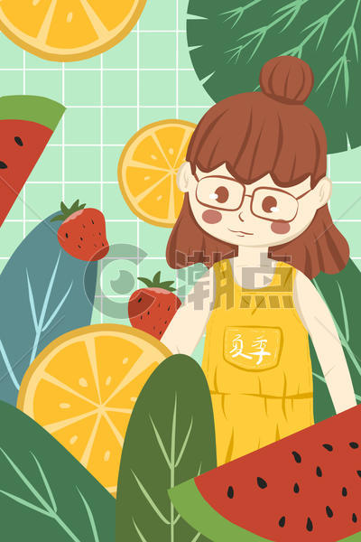 传统节气立夏夏天夏季少女与水果小清新治愈系扁平风卡通插画图片素材免费下载