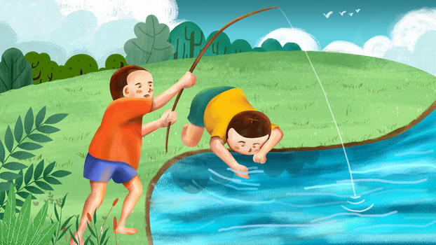 立夏池塘小伙伴钓鱼玩耍图片素材免费下载