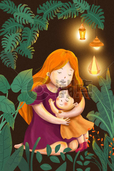 夜晚母女温馨拥抱母亲节插画图片素材免费下载