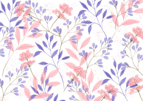 水彩风蓝粉植物平铺壁纸图片素材免费下载