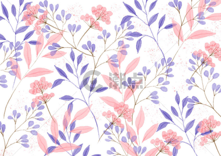 水彩风蓝粉植物平铺壁纸图片素材免费下载