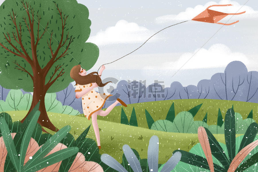 春天立春春季女孩放风筝插画小清新节气图片素材免费下载