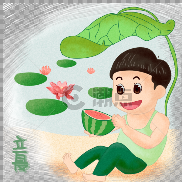 手绘吃西瓜的小男孩图片素材免费下载