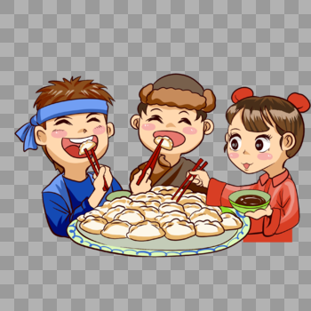 三个小孩吃饺子图片素材免费下载