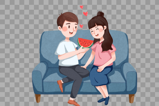 坐在沙发上吃西瓜的情侣图片素材免费下载