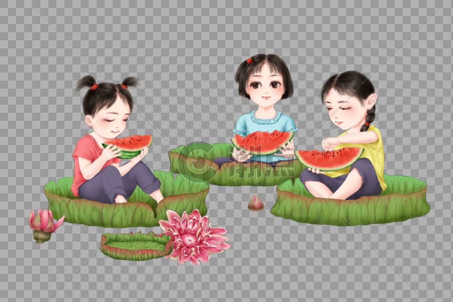坐在荷叶上吃西瓜的小朋友图片素材免费下载