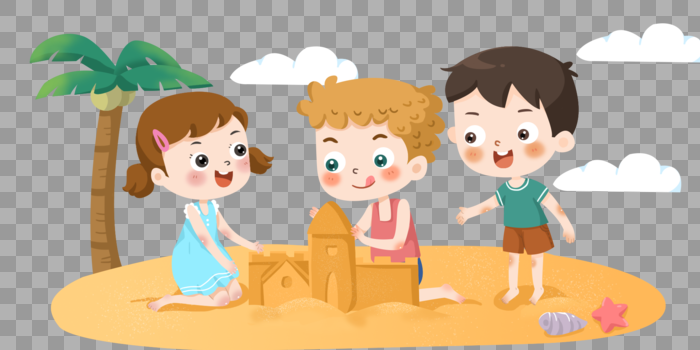 夏日海滩小朋友堆沙雕图片素材免费下载