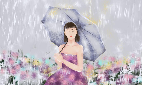 雨下花海中打伞的女孩图片素材免费下载