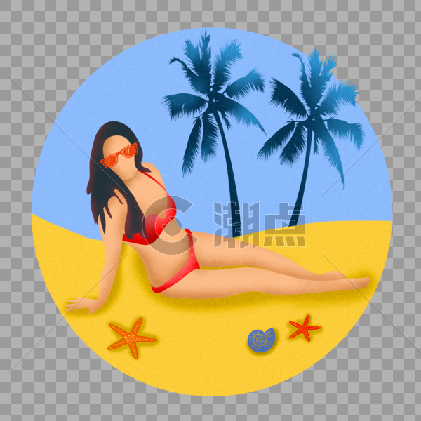 女孩夏日夏天海滩沙滩海边清凉度假噪点卡通扁平手绘插画透明png图片素材免费下载