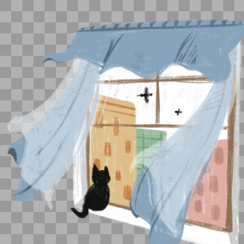 被风吹起的窗帘，窗台上坐着一只黑色的小猫图片素材免费下载