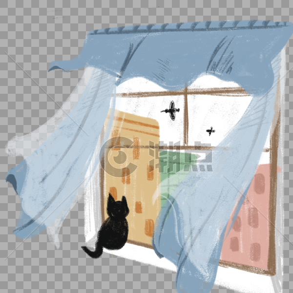 被风吹起的窗帘，窗台上坐着一只黑色的小猫图片素材免费下载