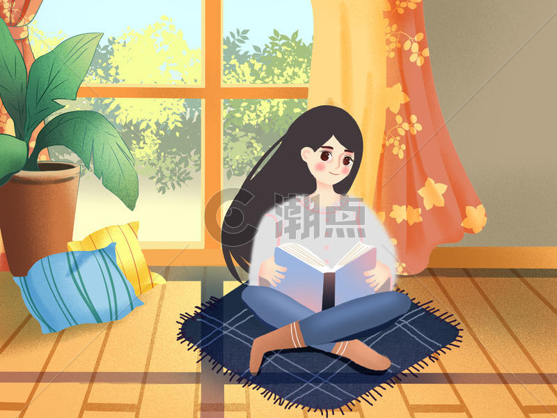 小清新风格插画学习看书的女孩图片素材免费下载