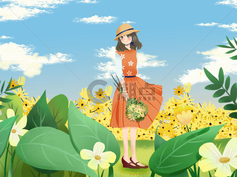 小清新风格插画在花丛中的女孩图片素材免费下载